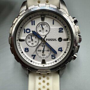 Fossil Dean Chronograph Watch Men Silver Tone White Silicone Band New Battery